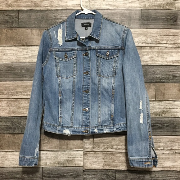 DSTLD Jean Jacket Women’s M Blue Distressed Denim Pockets Stretch Trucker - Picture 5 of 9